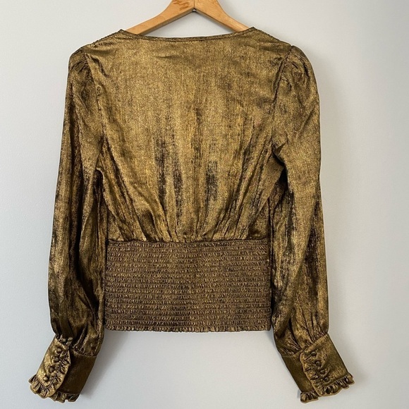 NWT Sam Edelman Edith Split Neck Gold Metallic Top Size XS Long Sleeve V-Neck - Picture 5 of 16